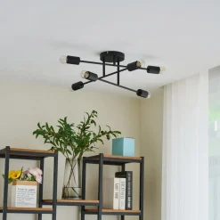 Lindby Estar taklampe, svart, metall, 6 lyskilder, Ø56cm| Design- Og Hotellbelysning|Taklamper