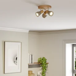 Lindby Filiz spotlight, 3 lyskilder, Ø 20 cm, tre, betong, E14 Outlet