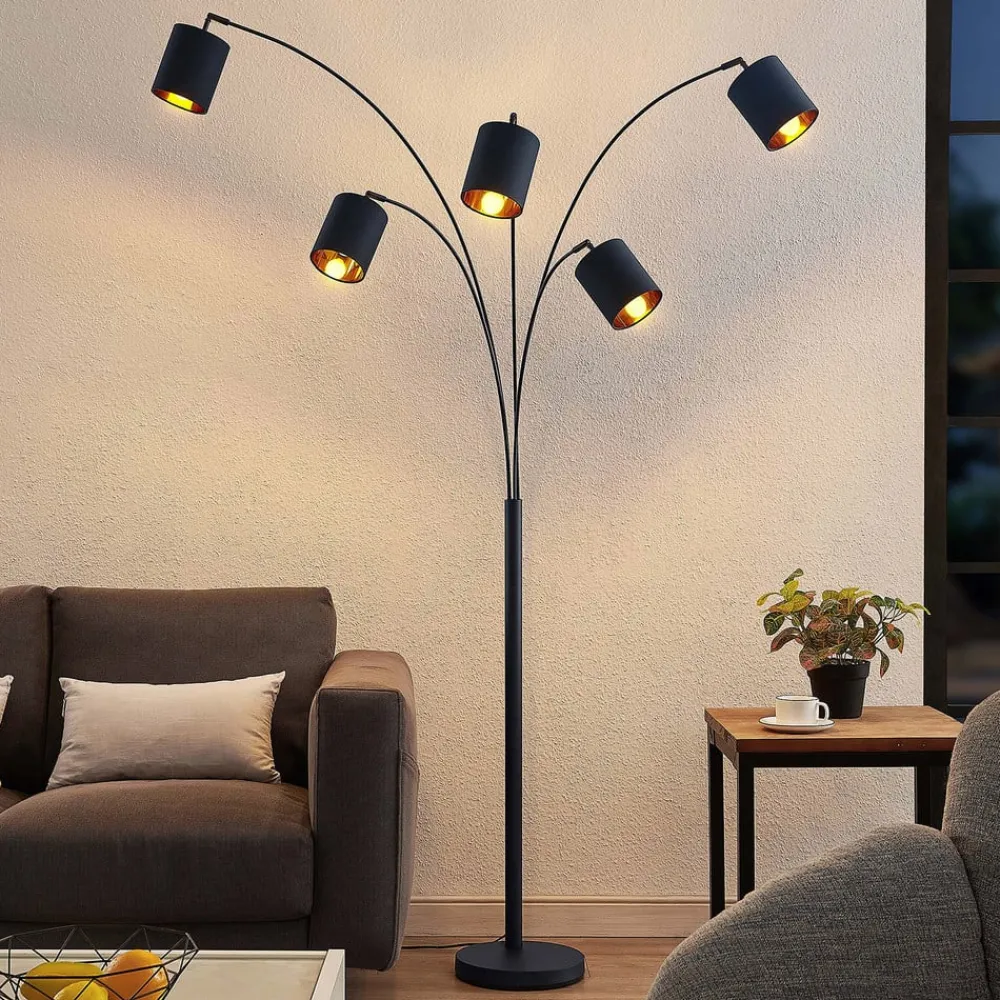 Lindby gulvlampe Abiram, svart/gull, tekstil, 70 cm| Led-Innendørs