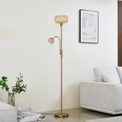 Lindby gulvlampe Aliette, gull/amber, glass, leselampe| Gulvlamper