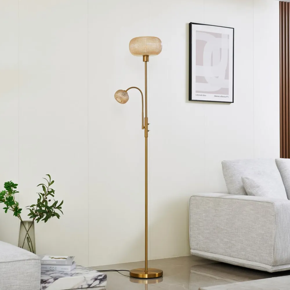 Lindby gulvlampe Aliette, gull/amber, glass, leselampe| Gulvlamper