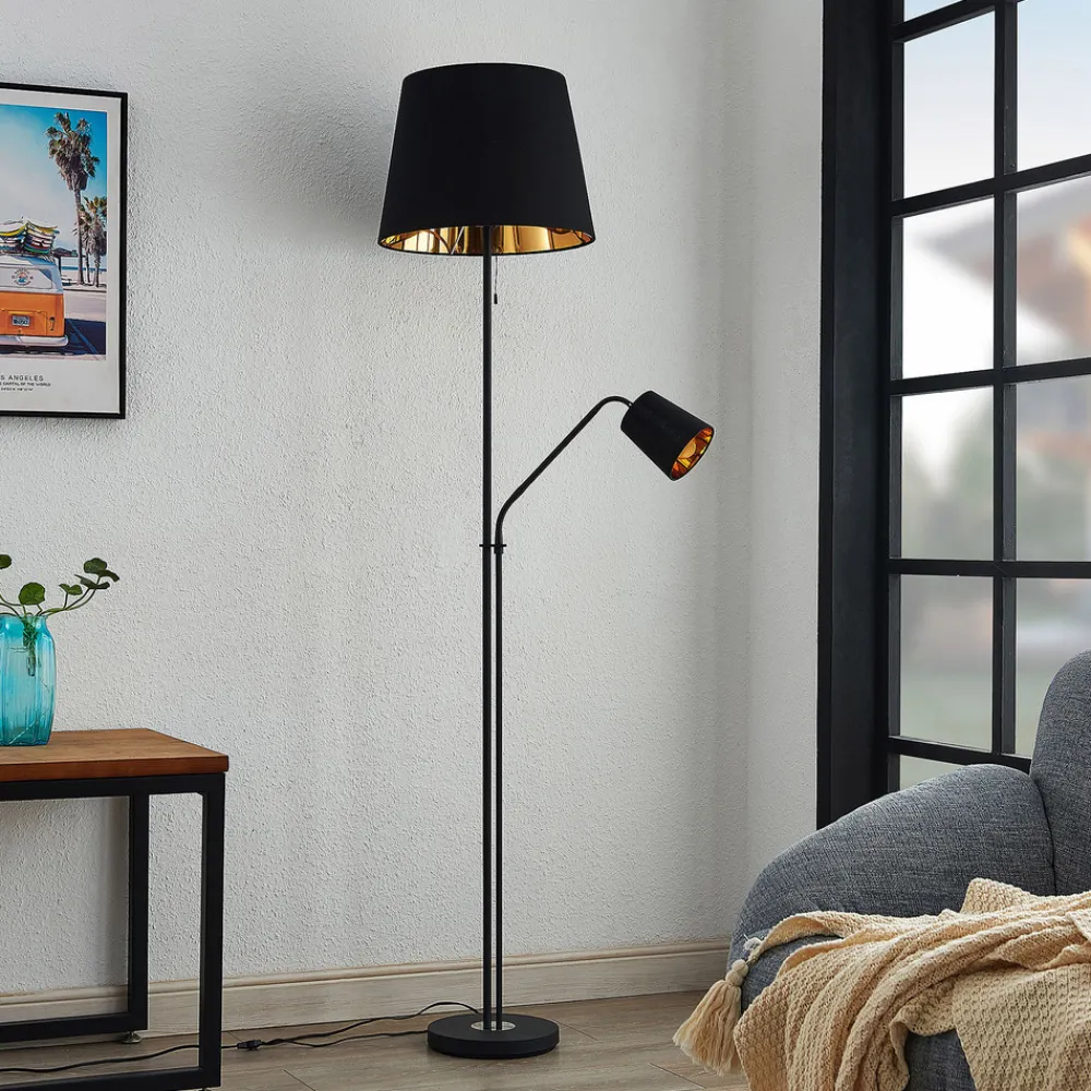 Lindby gulvlampe Efalia, svart/gull, tekstil, leselampe New