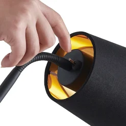 Lindby gulvlampe Efalia, svart/gull, tekstil, leselampe New