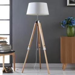 Lindby gulvlampe Katie, 162 cm, hvit, tekstil, tre, stativ| Gulvlamper