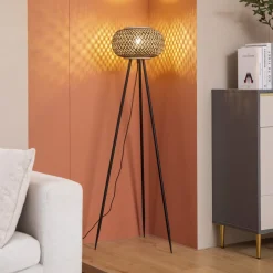 Lindby gulvlampe Nerys, svart, bambus, Ø 31,5 cm, stativ New