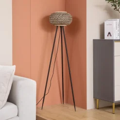 Lindby gulvlampe Nerys, svart, bambus, Ø 31,5 cm, stativ New