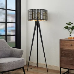 Lindby gulvlampe Thoralf, stativ, svart, tekstil, Ø50cm Discount