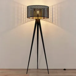 Lindby gulvlampe Thoralf, stativ, svart, tekstil, Ø50cm Discount