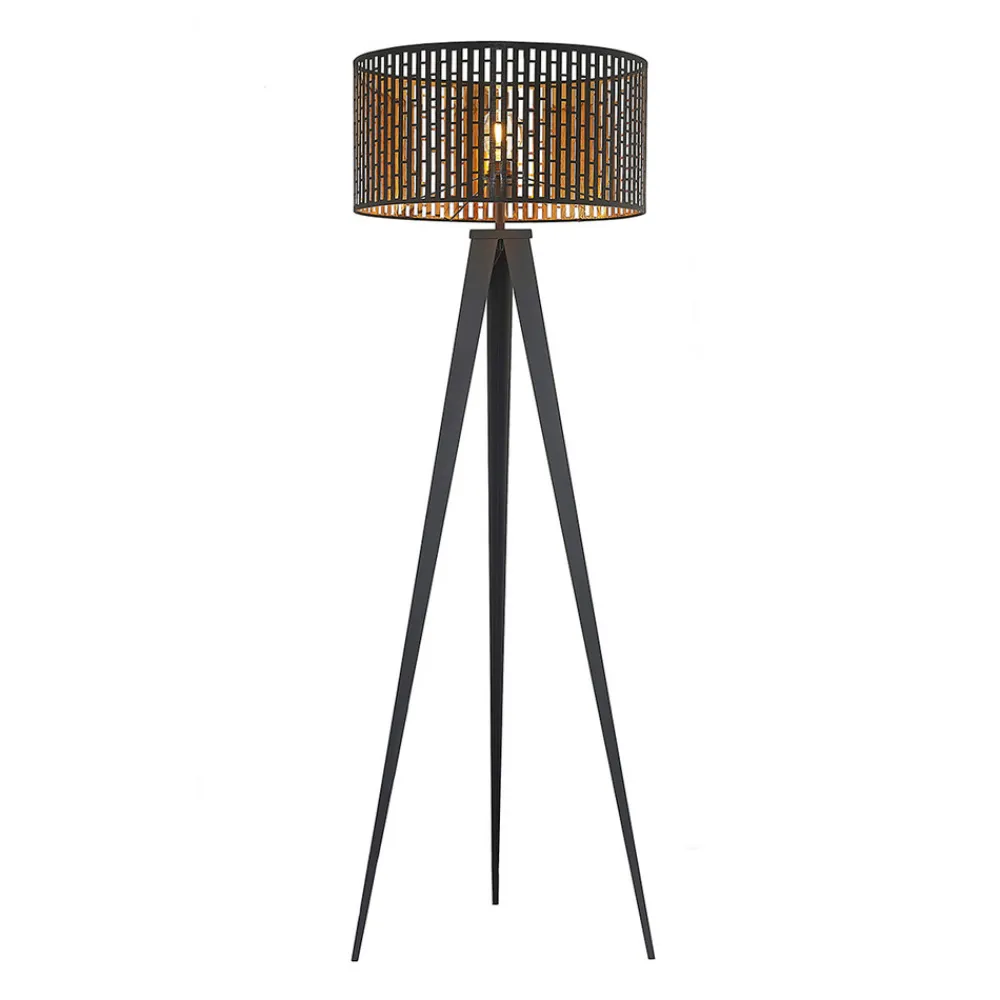 Lindby gulvlampe Thoralf, stativ, svart, tekstil, Ø50cm Discount