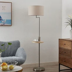 Lindby gulvlampe Zinia, nikkelfarget, hylle, USB-tilkobling