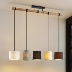 Lindby hengelampe Amilia, stoff, 5 lyskilder, grå/beige, E27 Discount