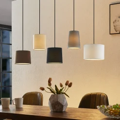 Lindby hengelampe Amilia, stoff, 5 lyskilder, grå/beige, E27 Discount