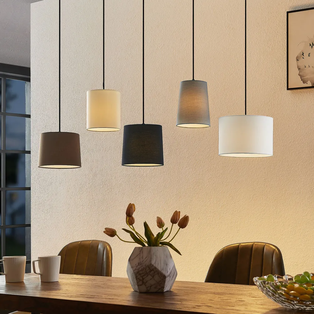 Lindby hengelampe Amilia, stoff, 5 lyskilder, grå/beige, E27 Discount