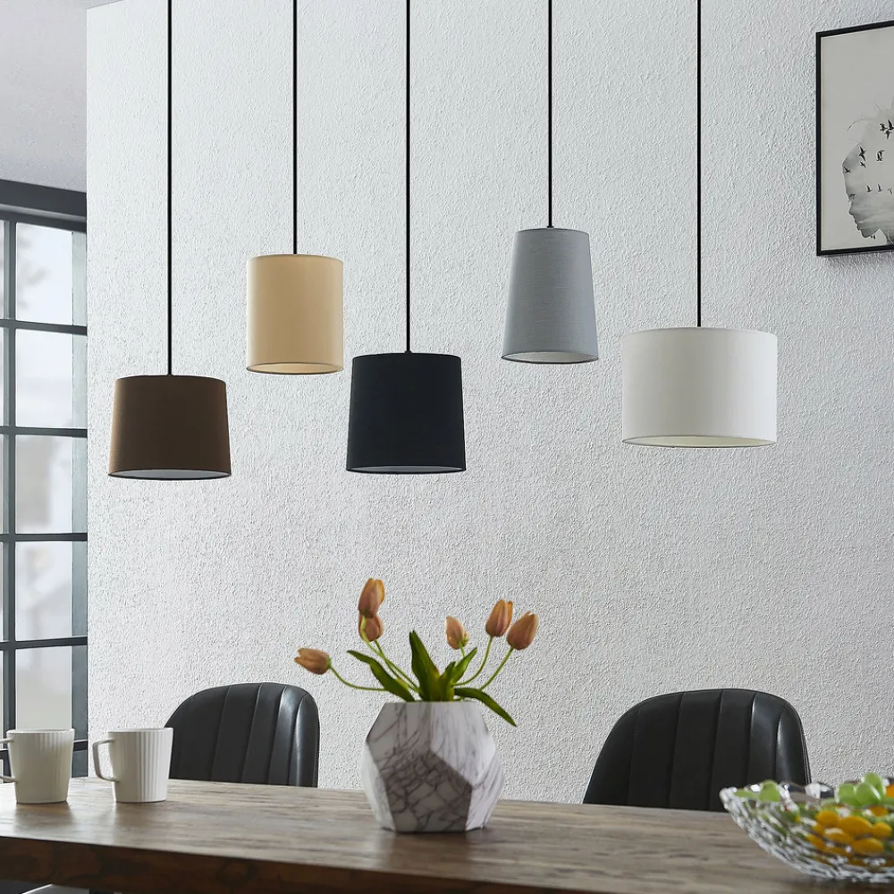 Lindby hengelampe Amilia, stoff, 5 lyskilder, grå/beige, E27 Discount