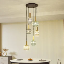 Lindby hengelampe Doroteo, 6 lyskilder, grønn/amber/grå, glass| Pendellamper