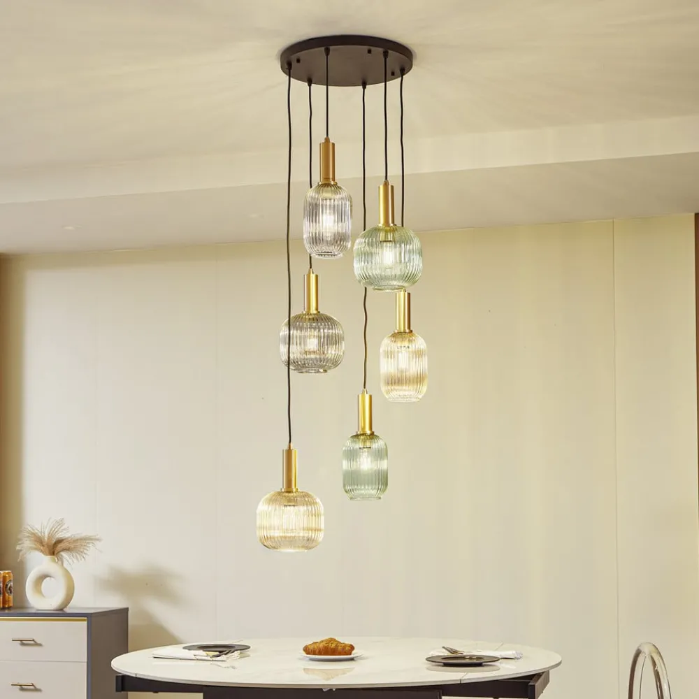 Lindby hengelampe Doroteo, 6 lyskilder, grønn/amber/grå, glass| Pendellamper