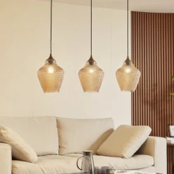 Lindby hengelampe Drakar, Ø 22 cm, 3 lyskilder, rav, glass| Pendellamper