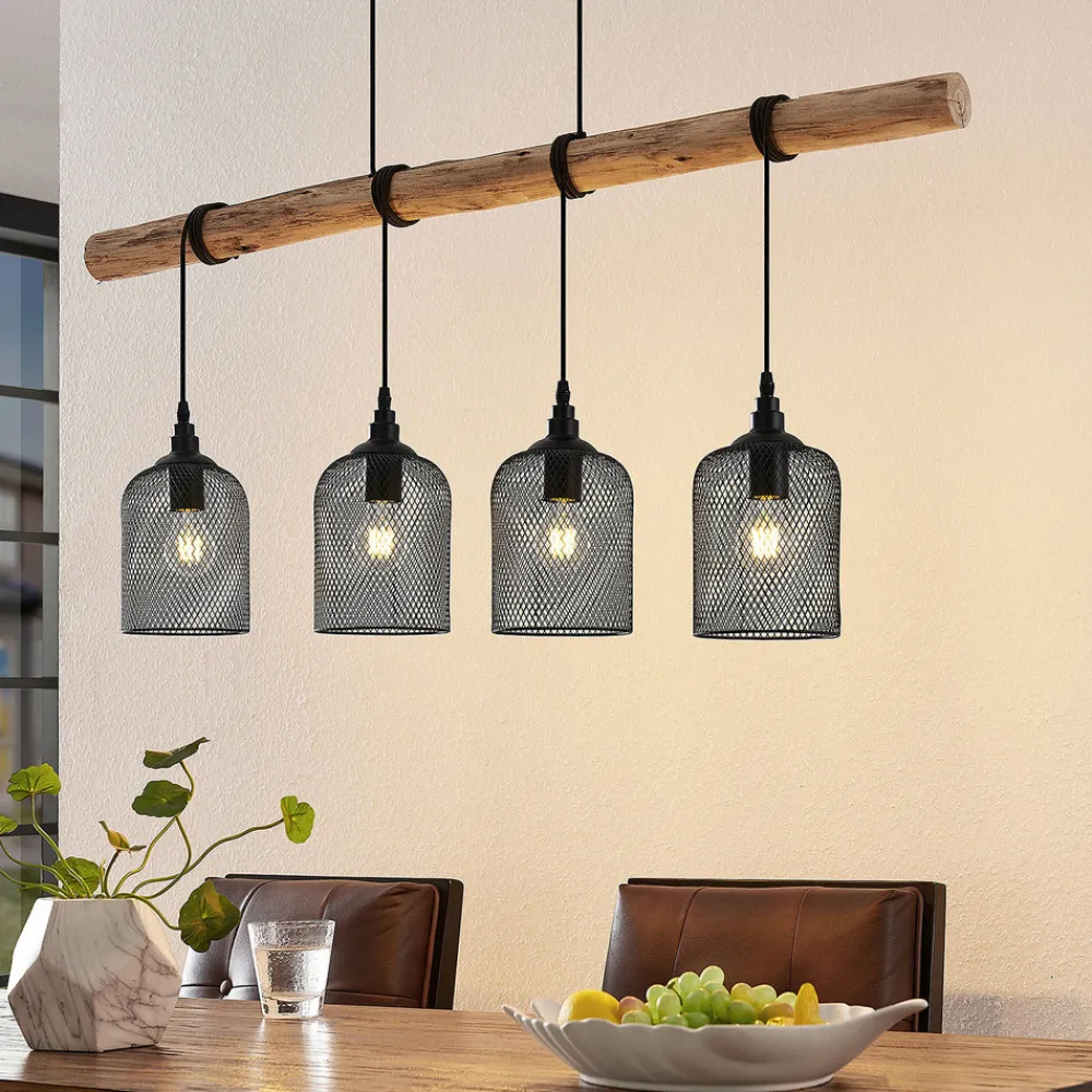 Lindby hengelampe Elrond, 116 cm, svart, 4 lyskilder, tre Hot