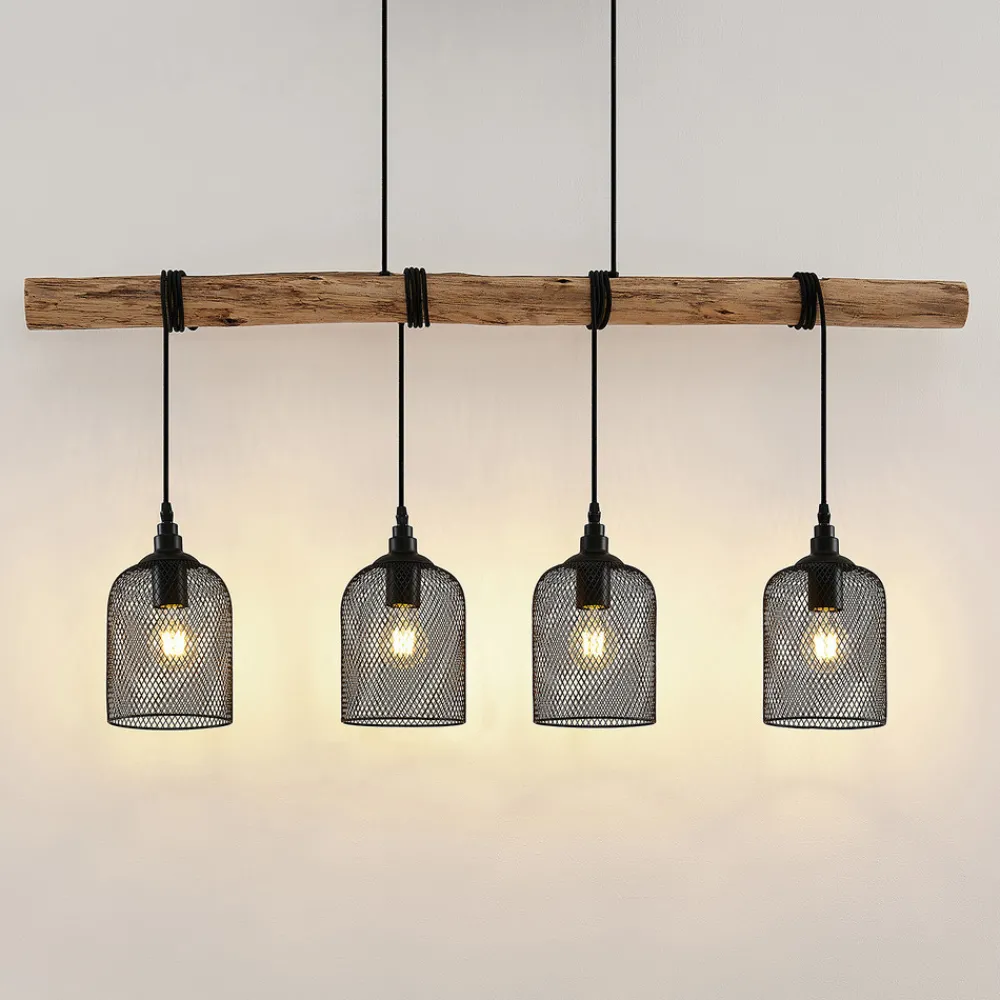 Lindby hengelampe Elrond, 116 cm, svart, 4 lyskilder, tre Hot