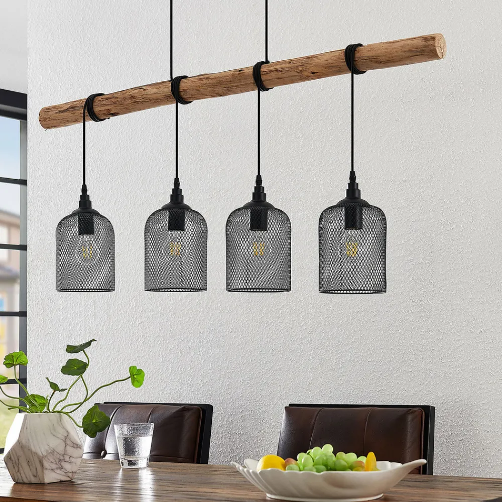 Lindby hengelampe Elrond, 116 cm, svart, 4 lyskilder, tre Hot