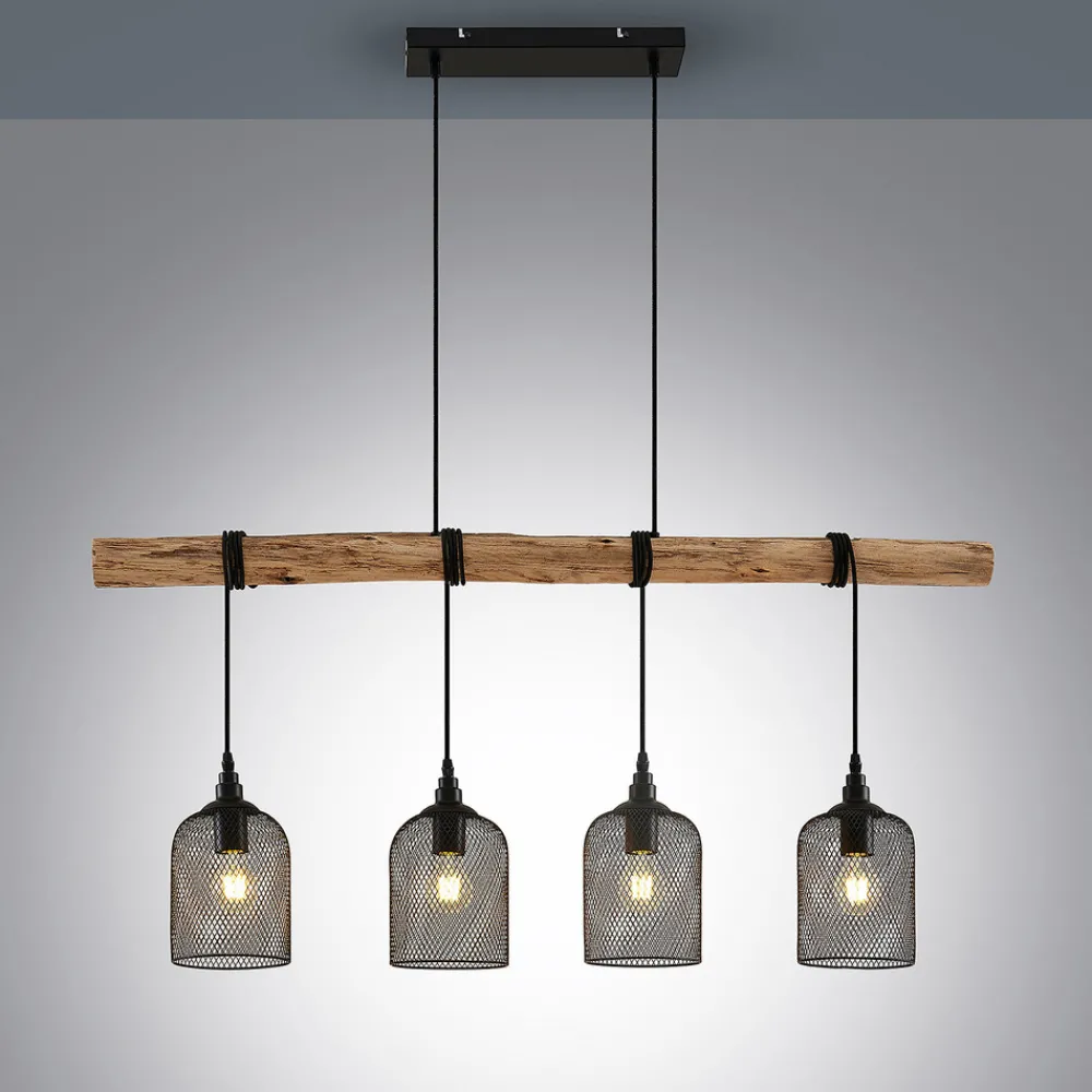 Lindby hengelampe Elrond, 116 cm, svart, 4 lyskilder, tre Hot