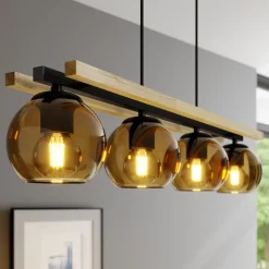 Lindby hengelampe Enrique, rav, 4 lyskilder, glass, tre, E27 Online