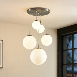 Lindby hengelampe Heleska, hvit, glass, 5 lyskilder, Ø 50 cm Online