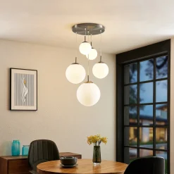 Lindby hengelampe Heleska, hvit, glass, 5 lyskilder, Ø 50 cm Online