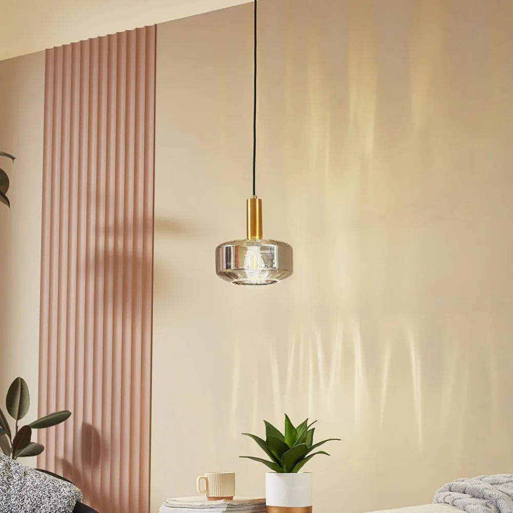 Lindby hengelampe Hildur, 1 lyskilde, Ø 22 cm, røykgrå, glass| Pendellamper