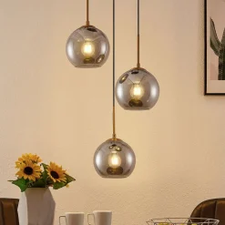 Lindby hengelampe Jurian, 32 cm, 3 lyskilder, bronse, røyk, glass| Pendellamper