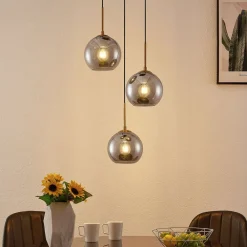 Lindby hengelampe Jurian, 32 cm, 3 lyskilder, bronse, røyk, glass| Pendellamper