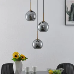 Lindby hengelampe Jurian, 32 cm, 3 lyskilder, bronse, røyk, glass| Pendellamper