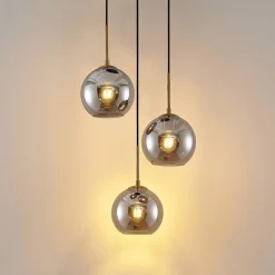 Lindby hengelampe Jurian, 32 cm, 3 lyskilder, bronse, røyk, glass| Pendellamper