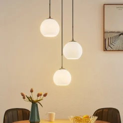 Lindby hengelampe Jurian, Ø 32 cm, 3 lyskilder, nikkel/opal, glass| Pendellamper