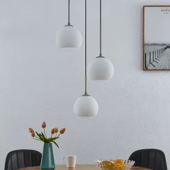 Lindby hengelampe Jurian, Ø 32 cm, 3 lyskilder, nikkel/opal, glass| Pendellamper