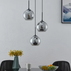 Lindby hengelampe Jurian, 32 cm, 3 lyskilder, svart/røyk, glass Best