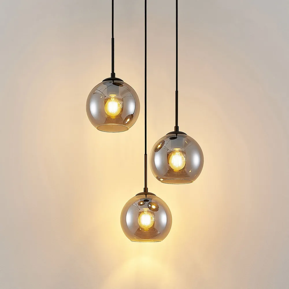 Lindby hengelampe Jurian, 32 cm, 3 lyskilder, svart/røyk, glass Best