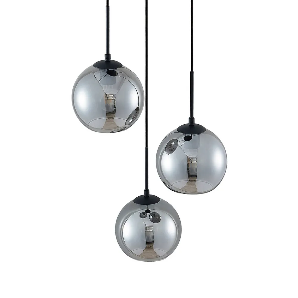 Lindby hengelampe Jurian, 32 cm, 3 lyskilder, svart/røyk, glass Best