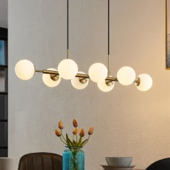 Lindby hengelampe Kiamo, 83 cm, messing, hvit, glass, G9 Clearance