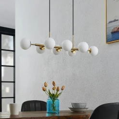 Lindby hengelampe Kiamo, 83 cm, messing, hvit, glass, G9 Clearance