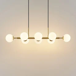 Lindby hengelampe Kiamo, 83 cm, messing, hvit, glass, G9 Clearance