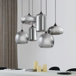 Lindby hengelampe Marla, 6 lyskilder, glass, røykgrå, 108 cm| Pendellamper