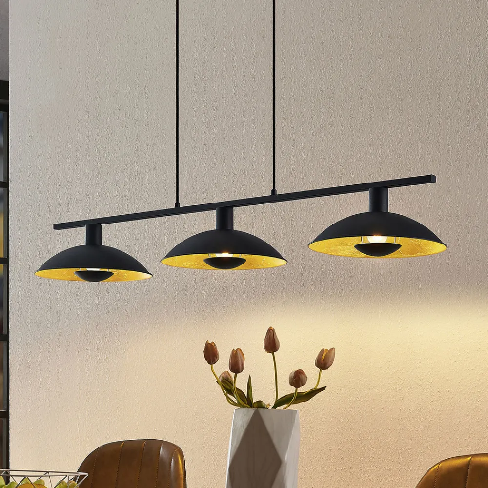 Lindby hengelampe Narisara, 118 cm, E14, 3 lyskilder, svart-gull