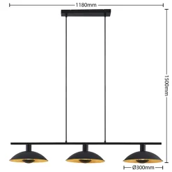 Lindby hengelampe Narisara, 118 cm, E14, 3 lyskilder, svart-gull