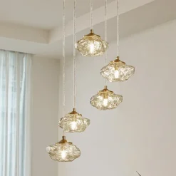 Lindby hengelampe Piatra, Ø45cm, 5 lyskilder, cognac/messing, glass| Pendellamper