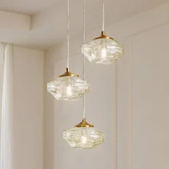 Lindby hengelampe Piatra, Ø25cm, 3 lyskilder, cognac/messing, glass| Pendellamper