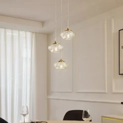 Lindby hengelampe Piatra, Ø25cm, 3 lyskilder, cognac/messing, glass| Pendellamper