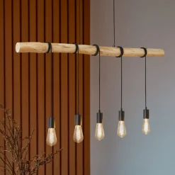 Lindby hengelampe Rom, 5 lyskilder, tre, tau, svart, 116 cm Sale