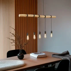 Lindby hengelampe Rom, 5 lyskilder, tre, tau, svart, 116 cm Sale