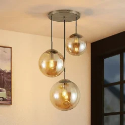 Lindby hengelampe Teeja, amber, 3 lyskilder, Ø52cm, glass, E27| Design- Og Hotellbelysning|Pendellamper